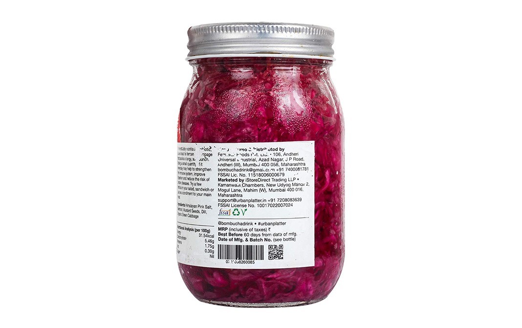 Urban Platter Sauerkraut by Bombucha Pickled Probiotic Cabbage with Beetroot   Glass Jar  450 grams